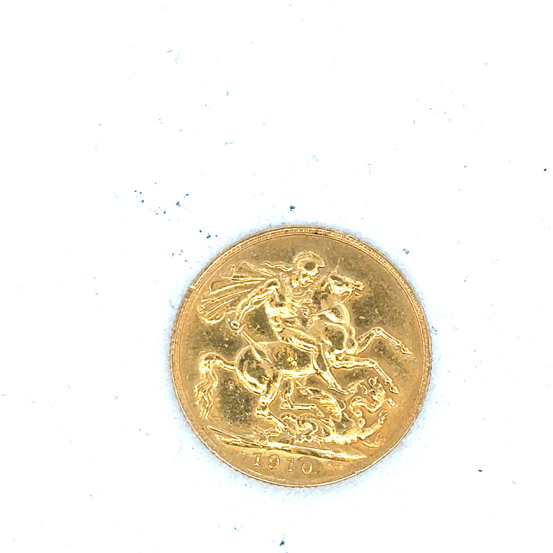 1910 full sovereign coin, 8g gold bullion, unbranded, vintage British coin with detailed obverse and reverse designs.