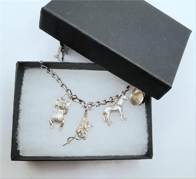 925 silver charm bracelet with intricate details, weighing 27.3g, featuring various charms on a delicate silver chain.
