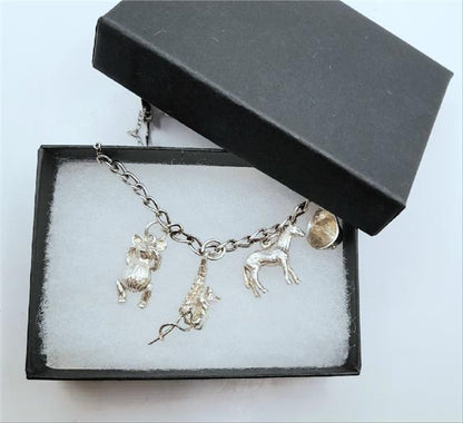 925 silver charm bracelet with intricate details, weighing 27.3g, featuring various charms on a delicate silver chain.