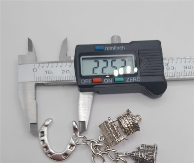 925 silver charm bracelet, 7-inch unbranded jewelry with detailed charms and 53.6g weight, displayed against a neutral background.