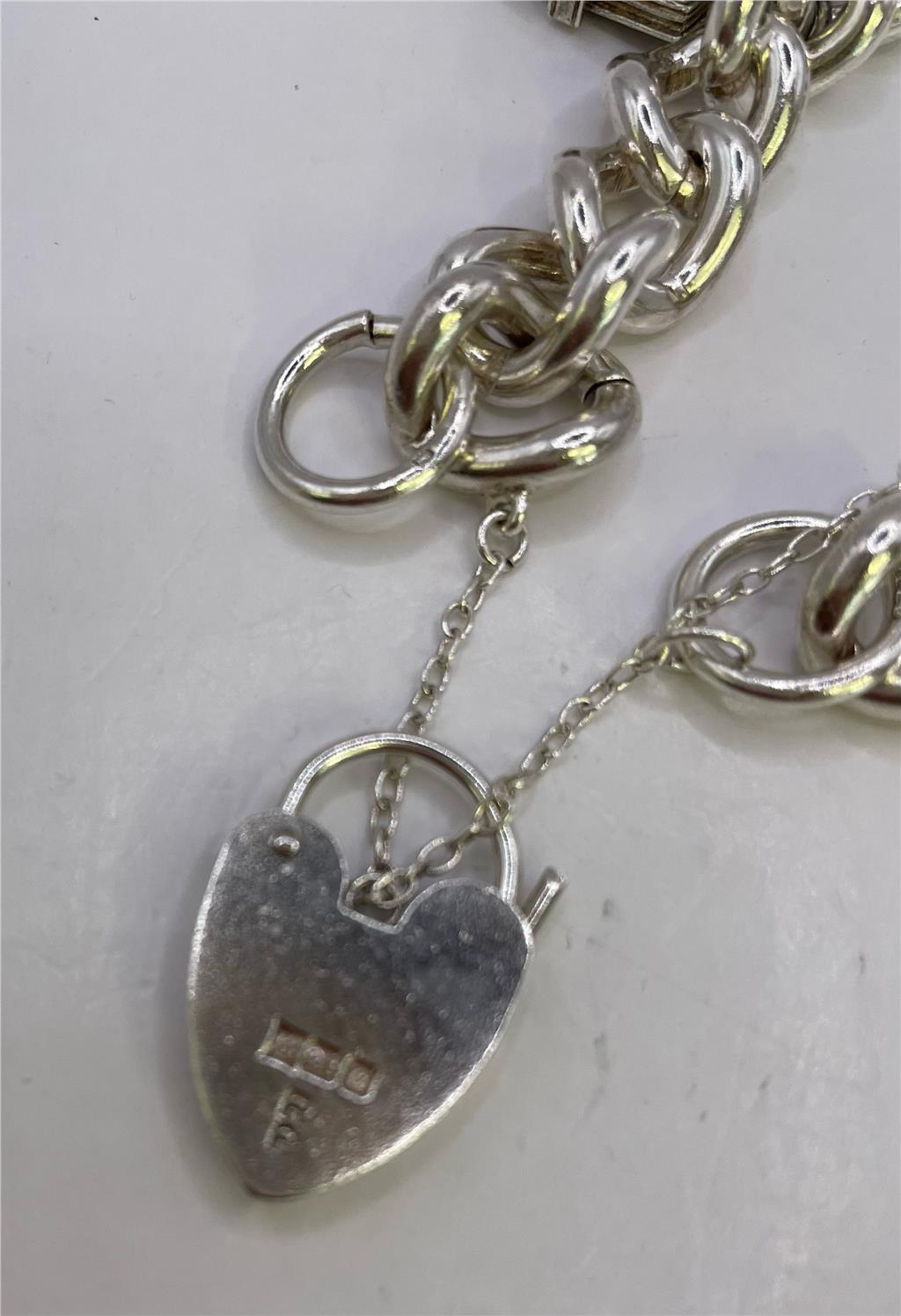 Silver charm bracelet with intricate designs, crafted from 925 sterling silver, featuring various decorative charms.