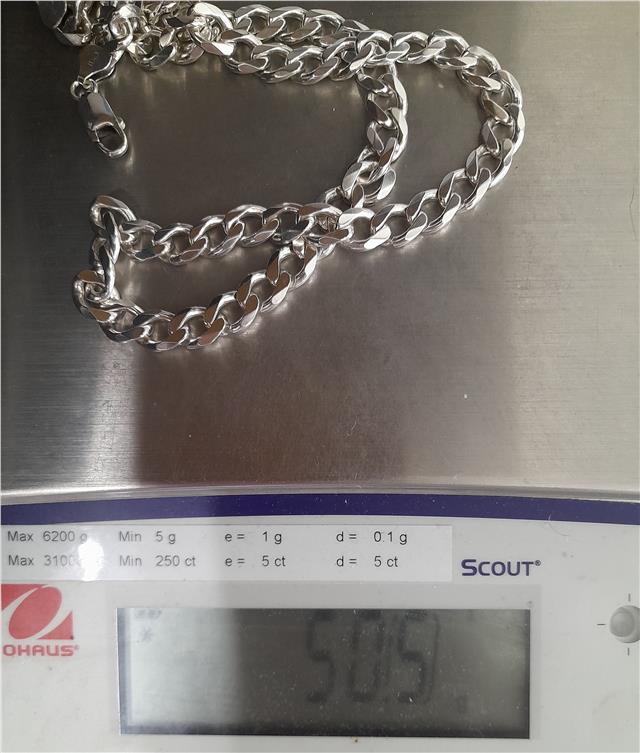 925 silver curb chain, 19-inch length, weighs 50.5g, unbranded jewelry piece with detailed chain links.