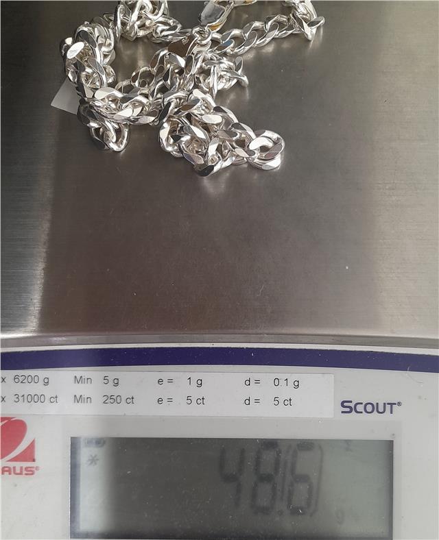 925 silver curb chain necklace, 20 inches long, solid and shiny with a textured link design, weighs 48.6g.
