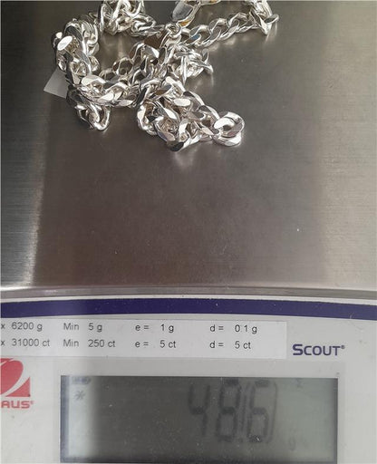 925 silver curb chain necklace, 20 inches long, solid and shiny with a textured link design, weighs 48.6g.
