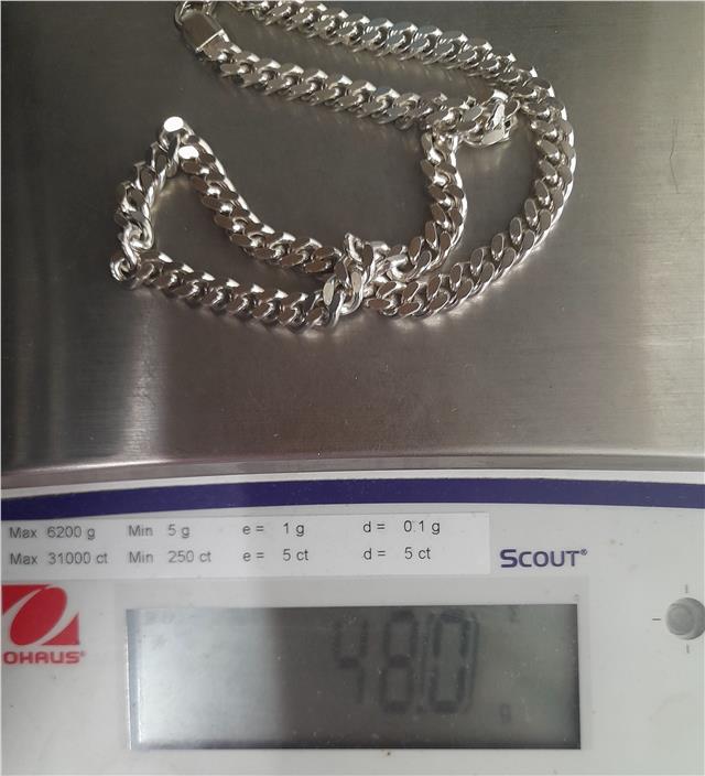 925 silver curb chain necklace, 16 inches long, weighing 48g, with a classic design and secure link closure.