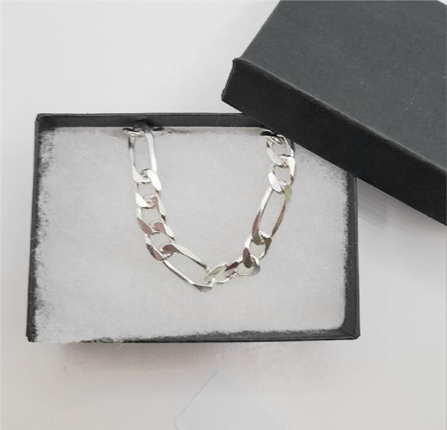 925 silver Figaro chain, 18 inch length, 37.7g, unbranded jewelry with intricate links and polished finish.