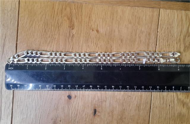 925 silver Figaro chain, 18-inch length, 37.7g, unbranded, detailed close-up showcasing shiny silver links.