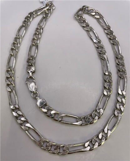 925 silver Figaro chain, unbranded jewelry piece with intricate links, close-up view showing shiny silver finish.
