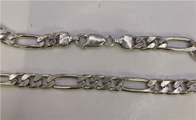 925 silver Figaro chain, unbranded, showing close-up of linked chain design and polished silver finish.