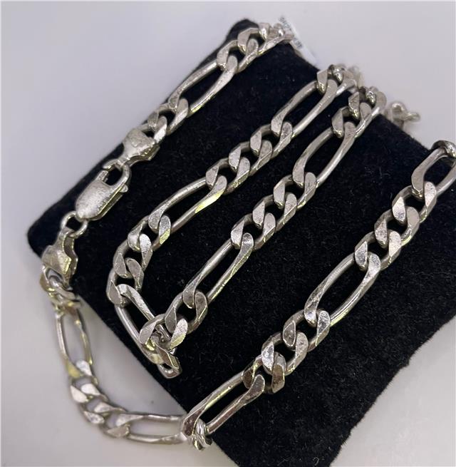 925 silver Figaro chain with polished links, unbranded, showcasing its sleek, shiny design and durable craftsmanship.