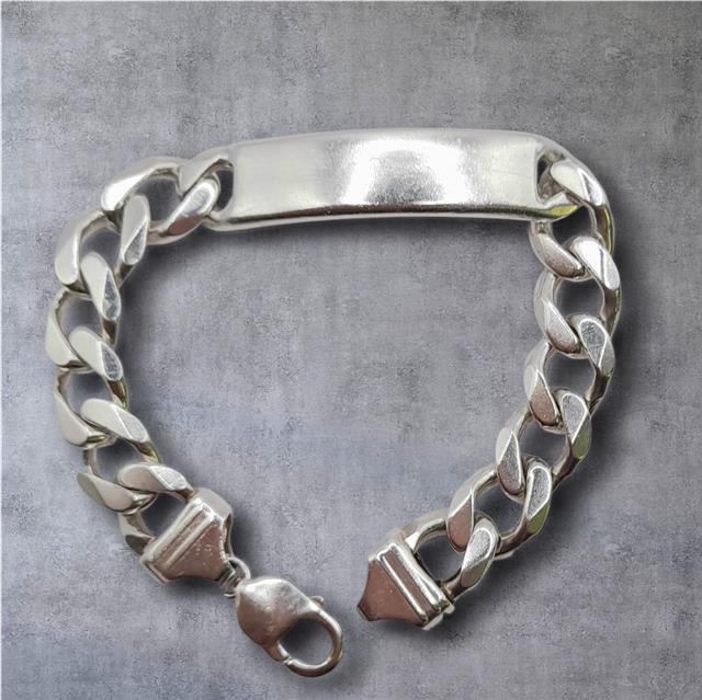 925 silver ID curb bracelet, 22cm length, unbranded, with engraved ID plate and classic curb chain design.