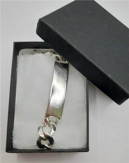 925 silver ID curb bracelet, 22cm length, unbranded, with polished silver links and ID plate, displayed on a neutral background.