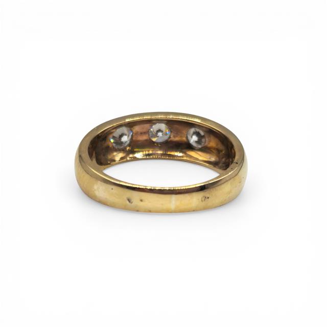 9ct yellow gold ring with three diamonds, featuring a classic design and polished finish.
