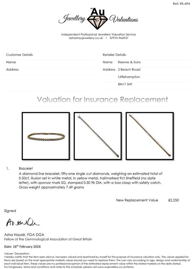 9ct diamond line bracelet with sparkling diamonds on a sleek gold chain, showcasing elegant jewelry design.
