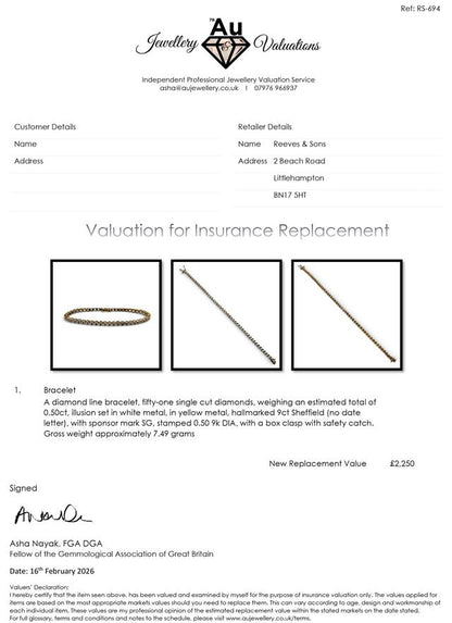 9ct diamond line bracelet with sparkling diamonds on a sleek gold chain, showcasing elegant jewelry design.