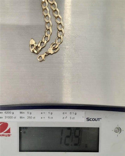9ct gold curb bracelet, 21cm length, 12.9g, unbranded, with polished links, shown lying flat against a white background.