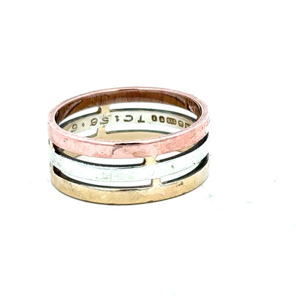 9ct gold ring in size P with a smooth band, unbranded jewelry, shown on a plain background.