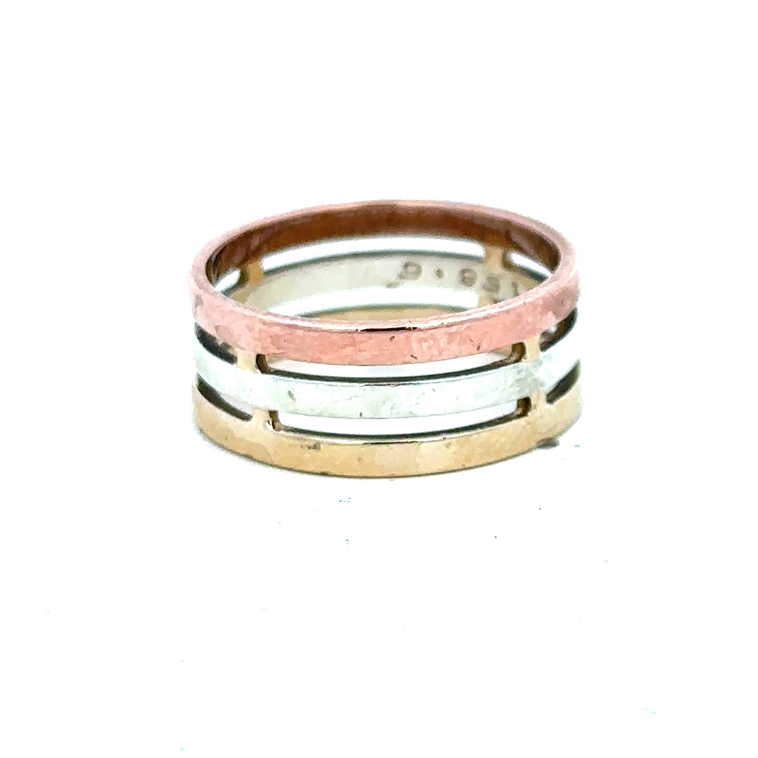 9ct gold ring in size P with a simple band design, unbranded, shown from a side angle on a white background.