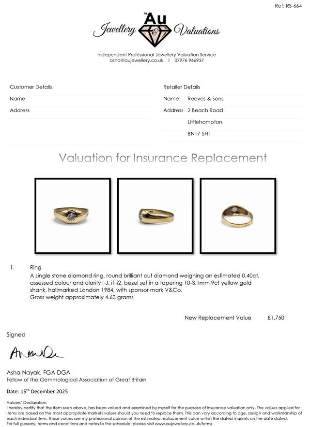9ct yellow gold ring with a single diamond, featuring elegant design and fine craftsmanship.