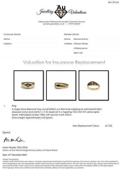 9ct yellow gold ring with a single diamond, featuring elegant design and fine craftsmanship.