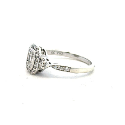 9ct white gold diamond ring with 0.35 carats, size J, featuring a sparkling central diamond and elegant band design.