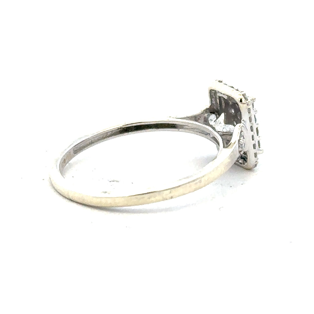 9ct white gold diamond ring with 0.36 carats, size S, featuring a sparkling central diamond and a sleek, elegant band.