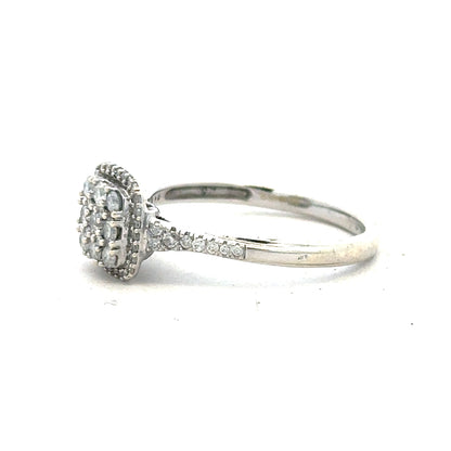 9ct white gold diamond ring with 0.40 carats, size P, featuring sparkling diamonds on a sleek band.
