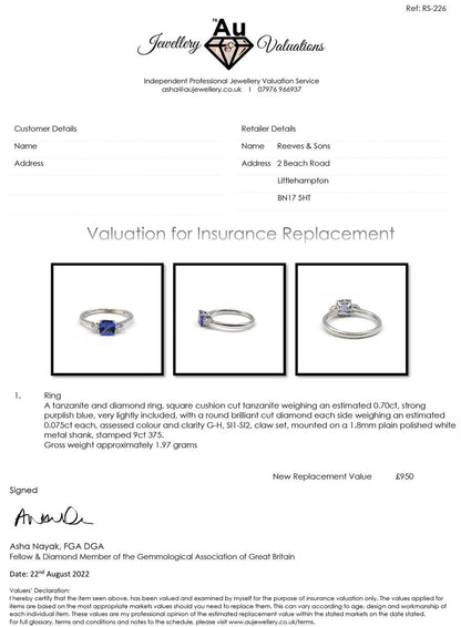 9ct white gold ring with a 0.70 carat tanzanite gemstone and diamond accents, showcasing elegant jewelry design.