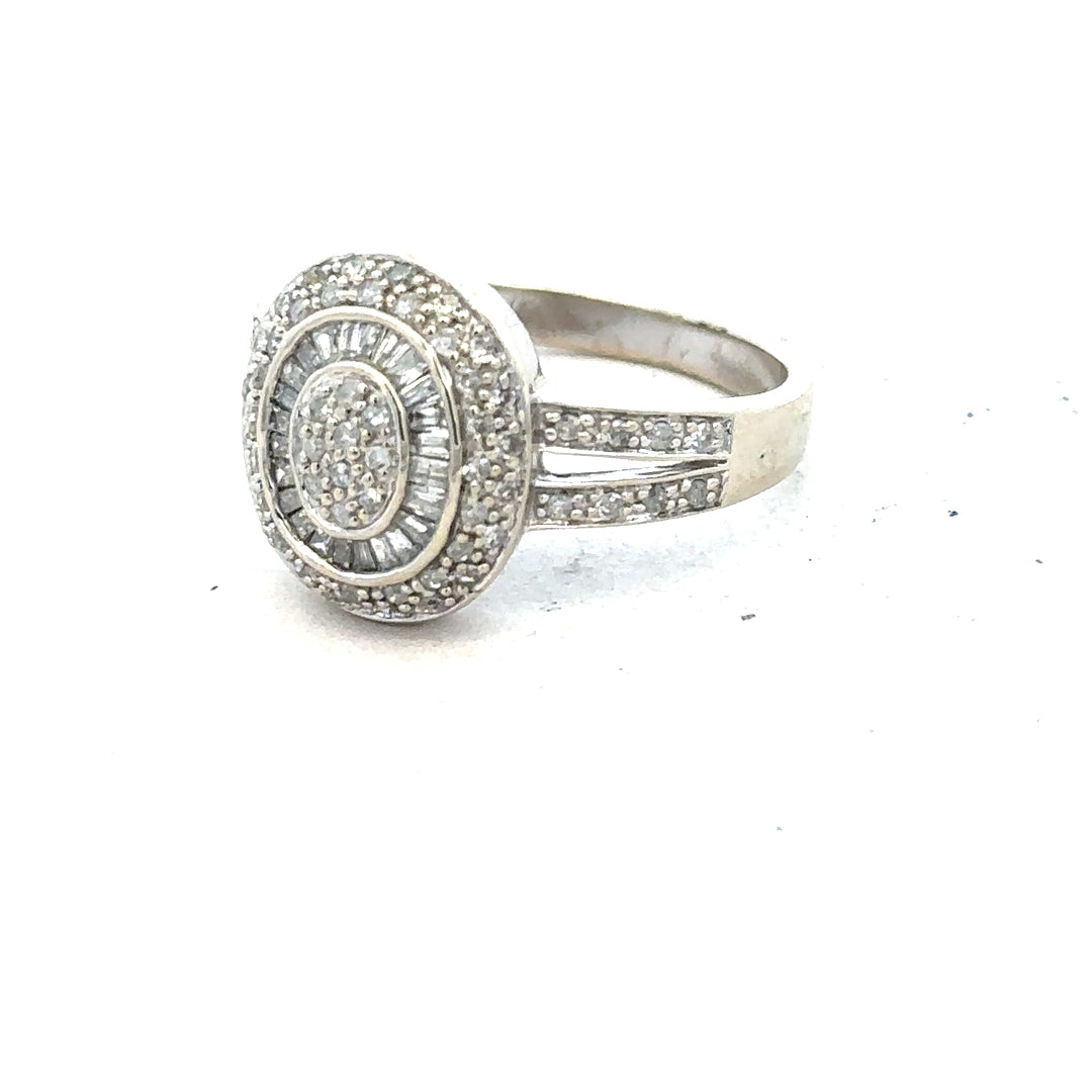 9ct white gold diamond ring with 1/2 carat center stone, size P, featuring a sleek, elegant design.