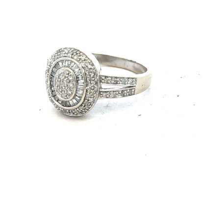 9ct white gold diamond ring with 1/2 carat center stone, size P, featuring a sleek, elegant design.