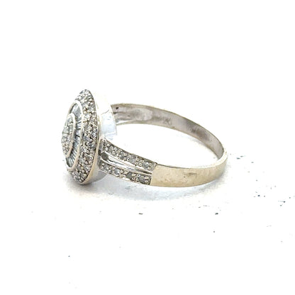 9ct white gold diamond ring with half-caret of sparkling diamonds, size P, featuring a sleek, elegant design.