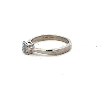 9ct white gold diamond ring with 15pts of diamonds in size K1/2, showcasing a sleek and elegant design.