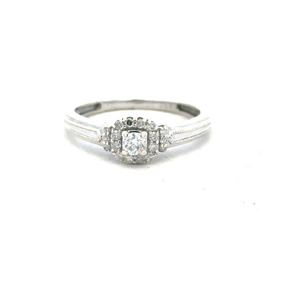 9ct white gold diamond ring with 20pts sparkle, size K1/2, showcasing a sleek and elegant jewelry design.