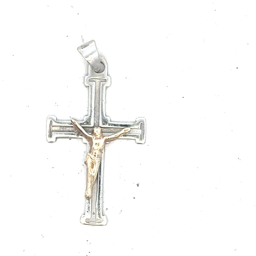 9ct white gold cross pendant weighing 1.7g, featuring a classic design, displayed on a chain against a neutral background.