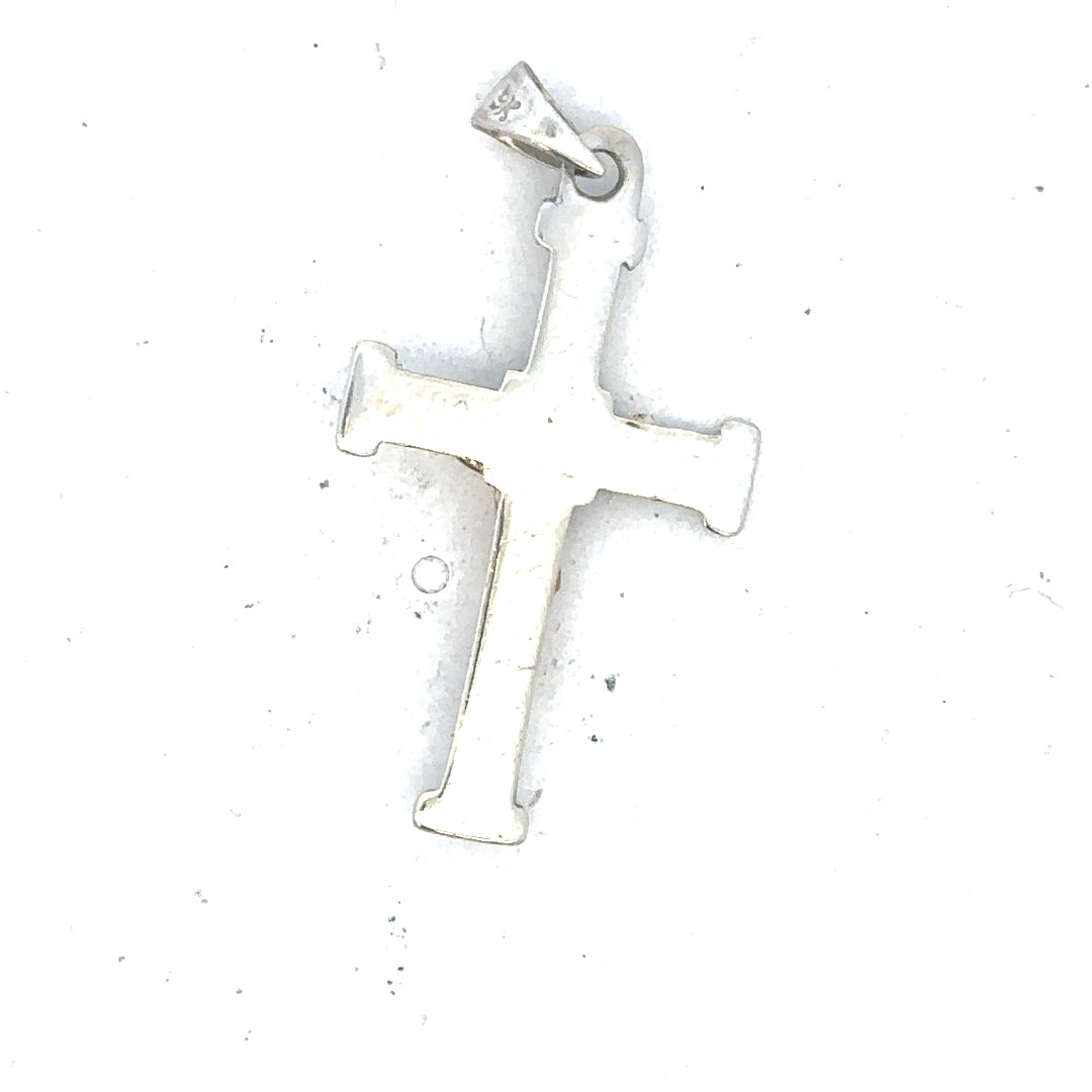 9ct white gold cross pendant weighing 1.7g, showcasing a simple and elegant design with a polished finish.