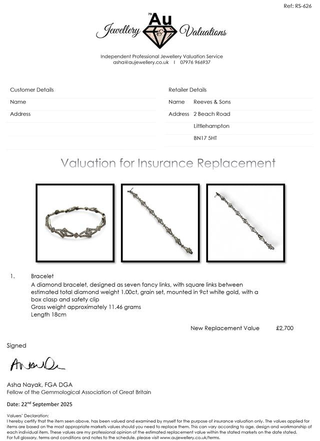 Elegant 9ct white gold diamond bracelet with sparkling diamonds, showcasing a delicate and luxurious jewelry piece.
