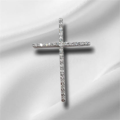 9ct white gold diamond cross pendant with sparkling diamonds, weighs 2.1g, elegant jewelry piece with detailed craftsmanship.