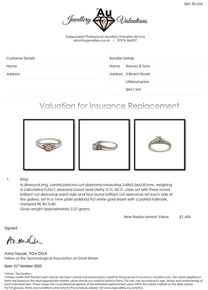 9ct white gold diamond ring featuring a central sparkling diamond and a polished band, classic jewelry design.