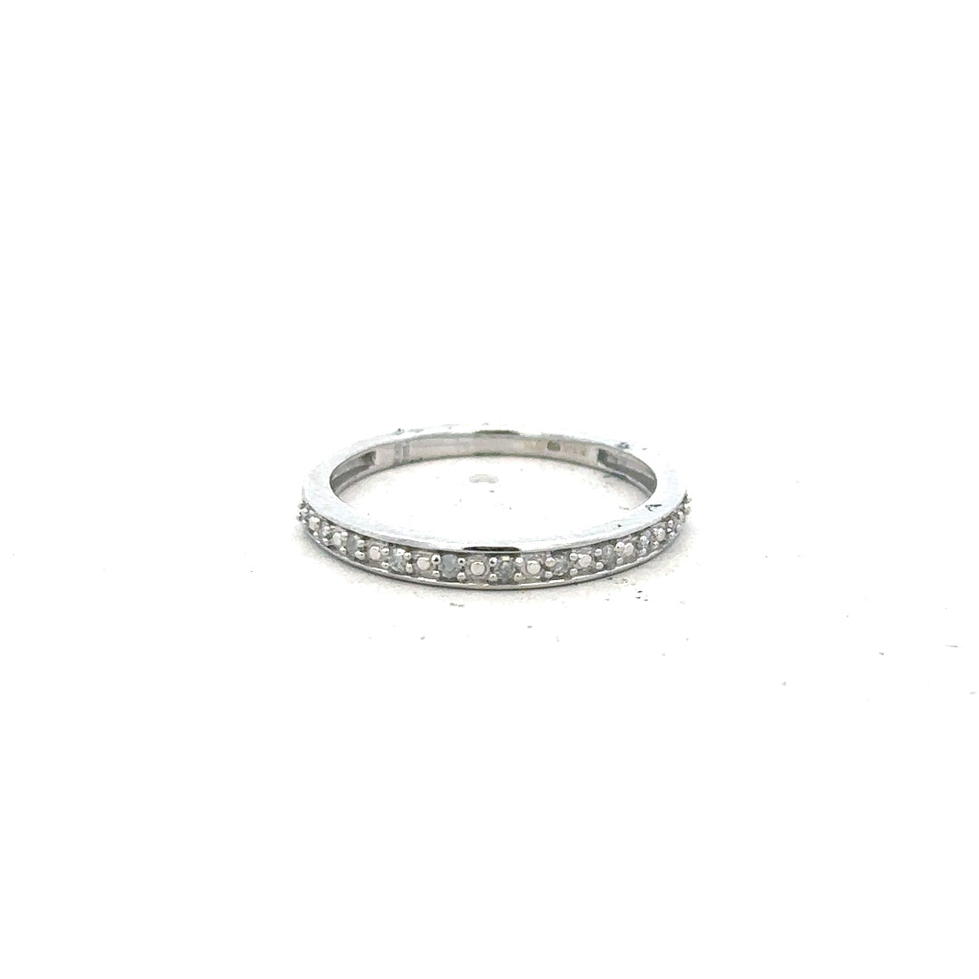 9ct white gold diamond ring size J1/2 featuring sparkling diamonds and a sleek band design.