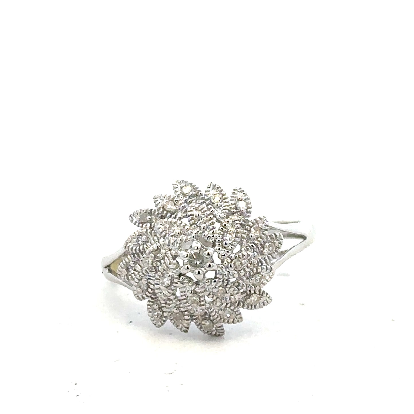 9ct white gold diamond ring in size N with sparkling diamonds, showcasing elegant jewelry craftsmanship.
