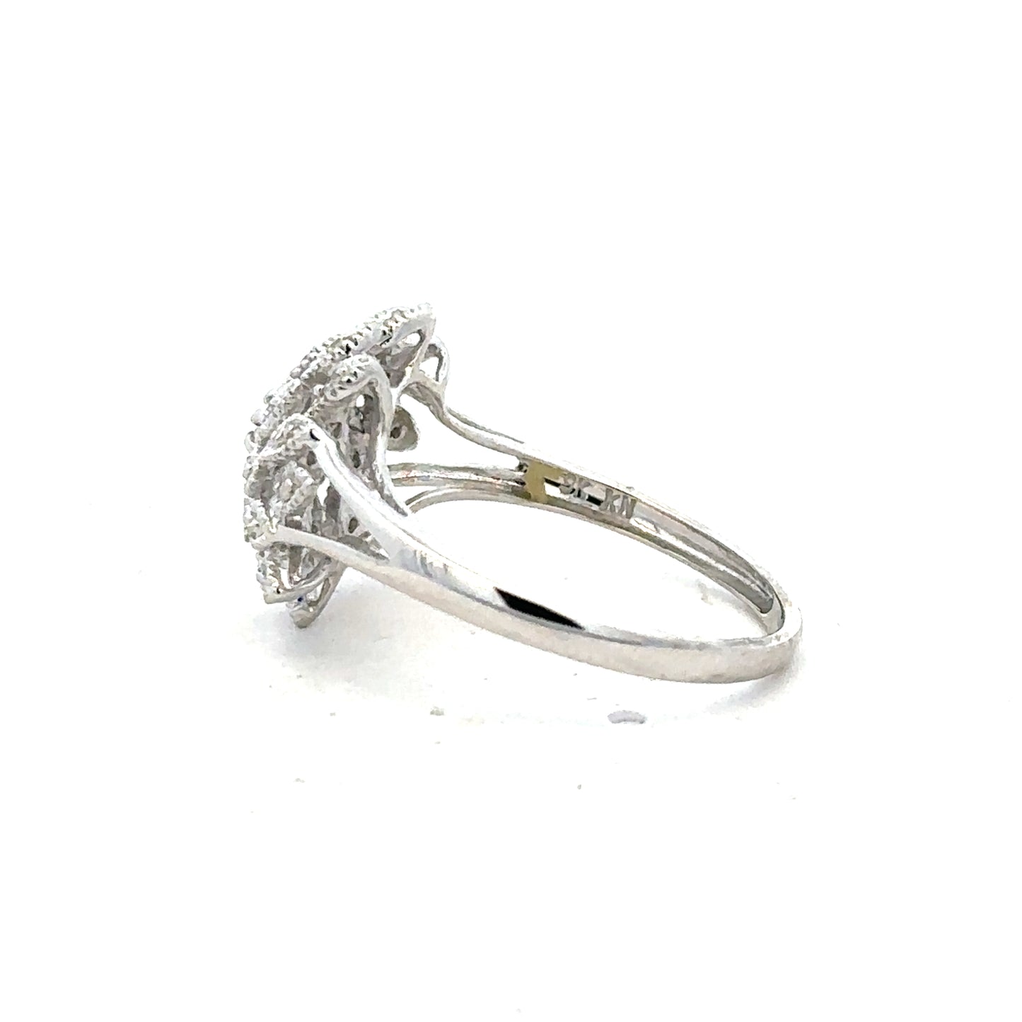 9ct white gold diamond ring in size N with sparkling diamonds, showcasing elegant jewelry design.