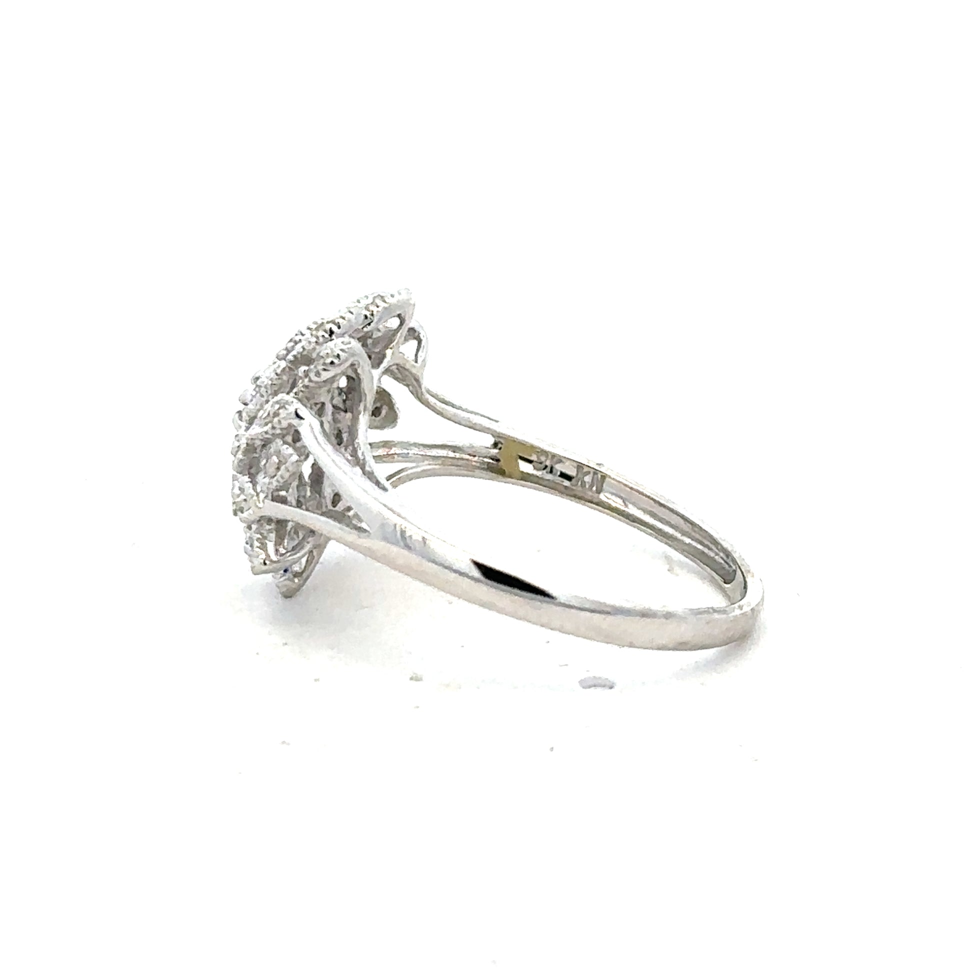 9ct white gold diamond ring in size N with sparkling diamonds, showcasing elegant jewelry design.