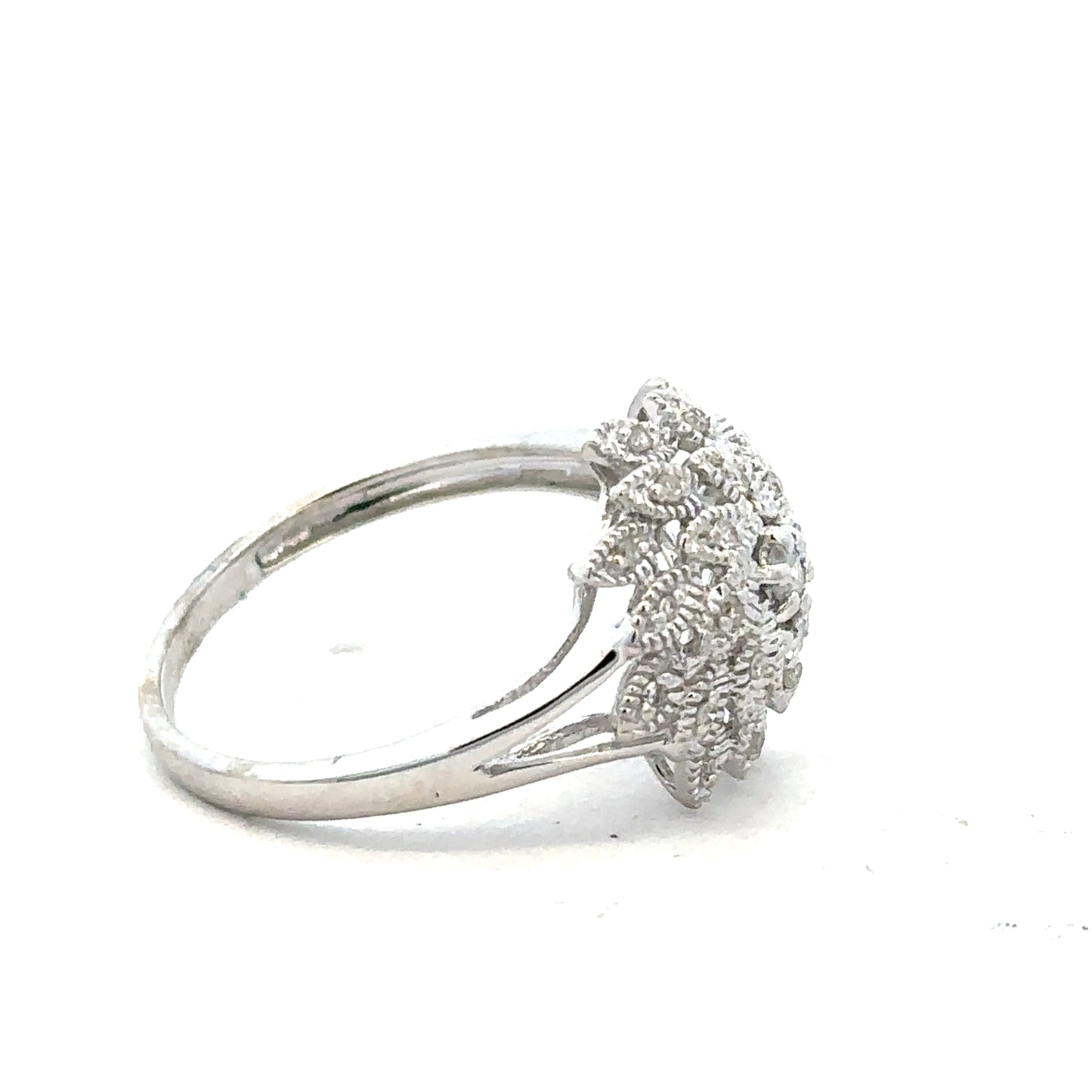 9ct white gold diamond ring size N with sparkling diamonds, showcasing elegant jewelry design and craftsmanship.
