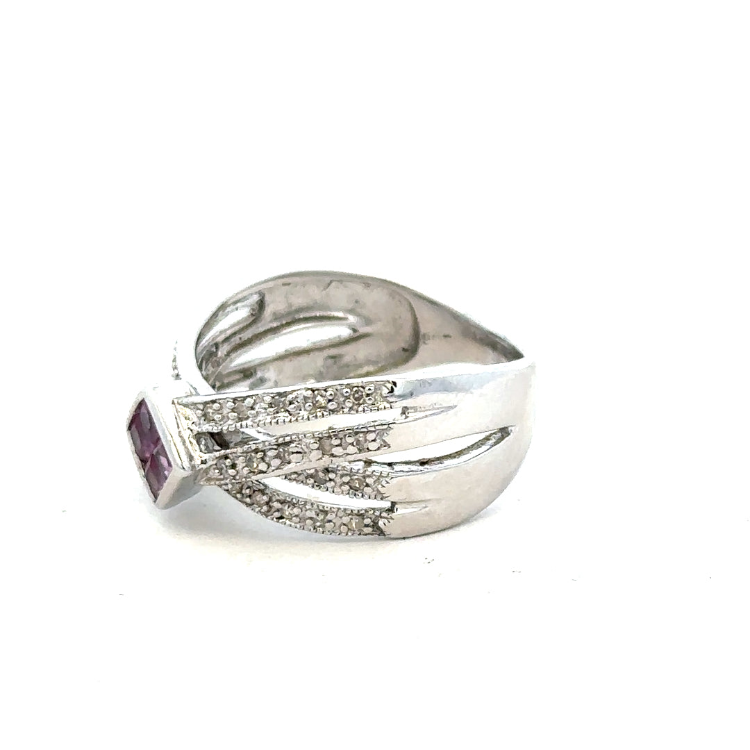 9ct white gold diamond ring in size Q with sparkling diamonds, showcasing elegant craftsmanship and a polished finish.