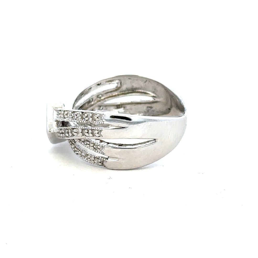9ct white gold diamond ring size Q with sparkling diamonds, showcasing a sleek and elegant design.