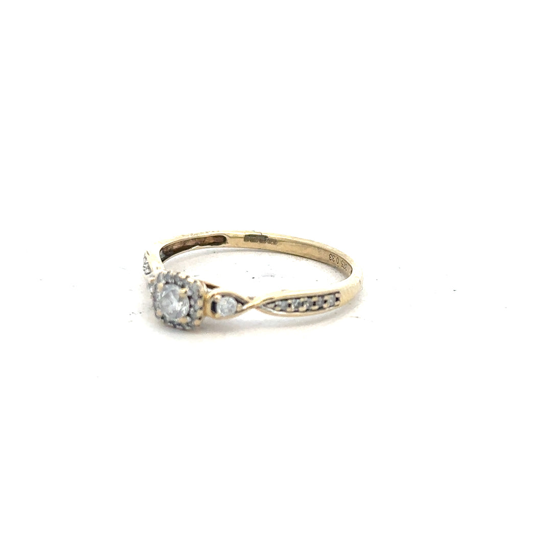 9ct yellow gold diamond ring with 0.33 carat center stone in size S, featuring a simple elegant design.