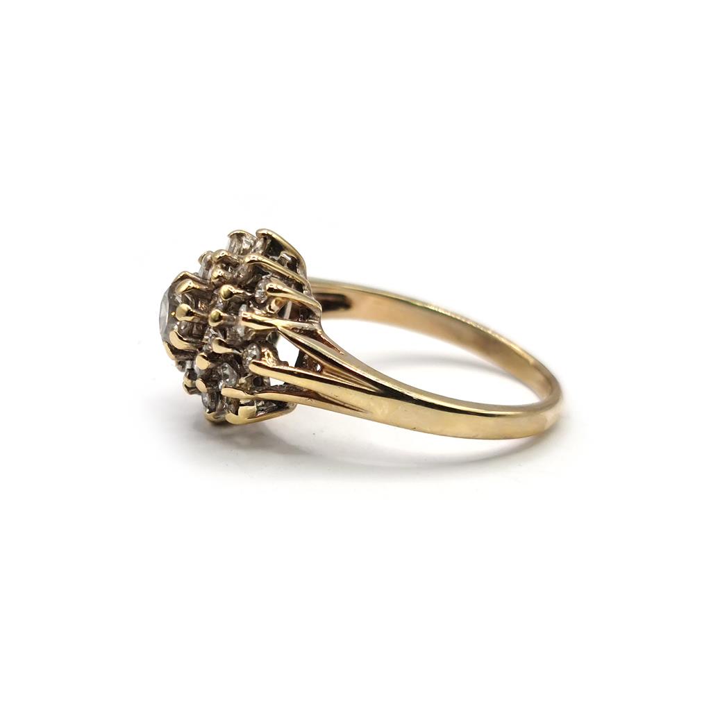9ct yellow gold diamond cluster ring with 1-carat total weight, featuring a sparkling diamond design on a polished band.