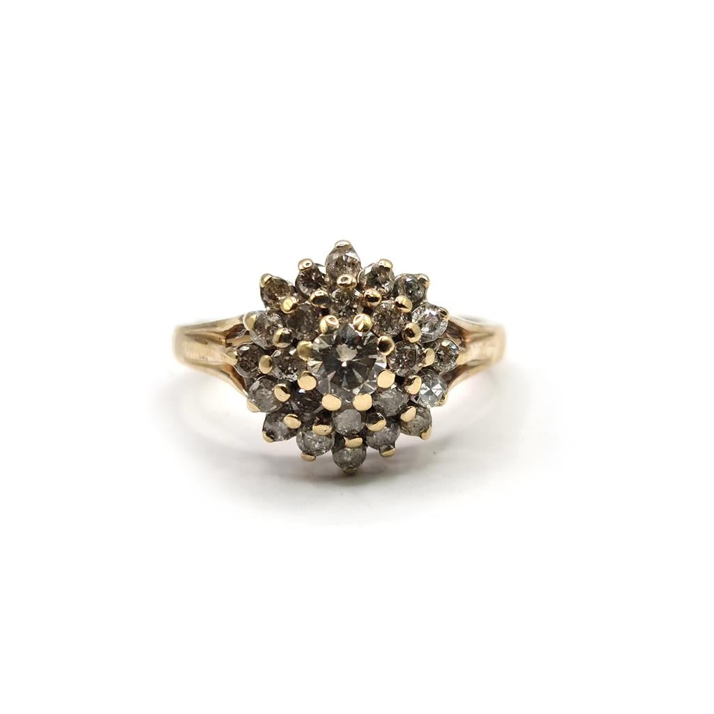 9ct yellow gold diamond cluster ring with 1 carat total weight, featuring a sparkling diamond design for elegant wear.
