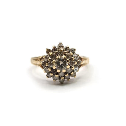 9ct yellow gold diamond cluster ring with 1 carat total weight, featuring a sparkling diamond design for elegant wear.