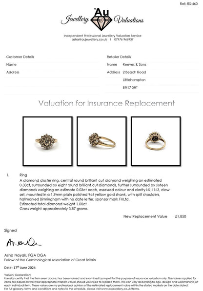 9ct yellow gold diamond cluster ring with 1 carat total weight, featuring a sparkling diamond design.
